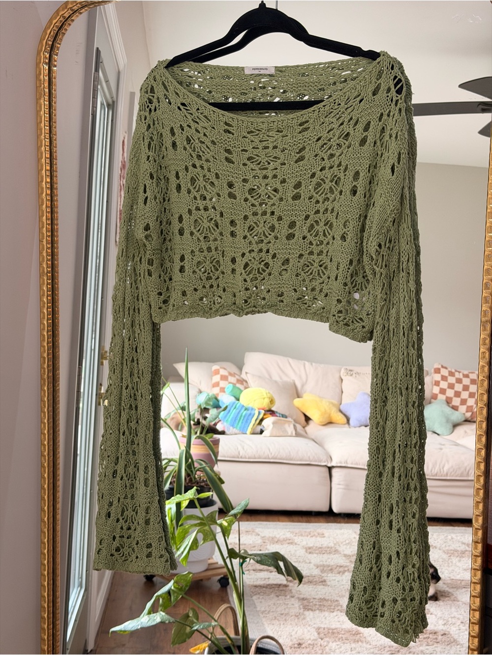 Peppermayo Free Mind Light Olive Crochet Bell-Sleeve Crop Top Size S/M